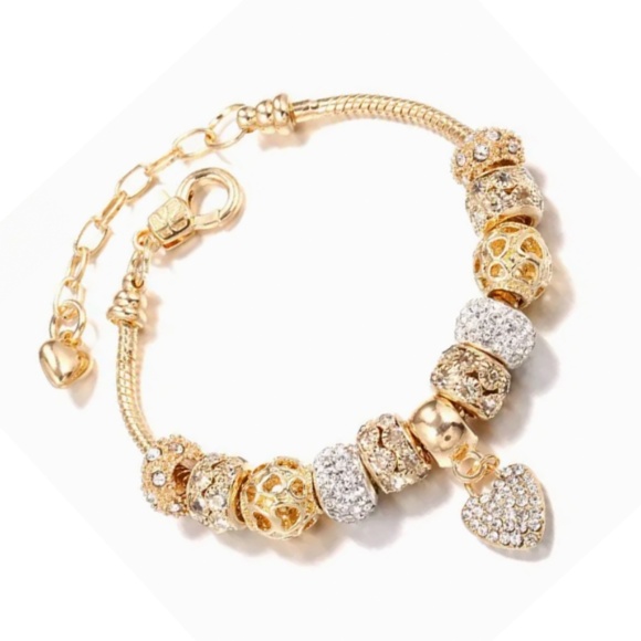 Golden Beaded Bracelet With Heart, Rhinestones, Alloy (Mixture of Metals) NWT - Picture 2 of 5